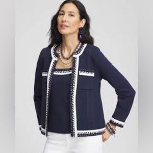 Chico's Classic Navy Blur White Blazer Contrast-Trim Lady Jacket Nautical S Work